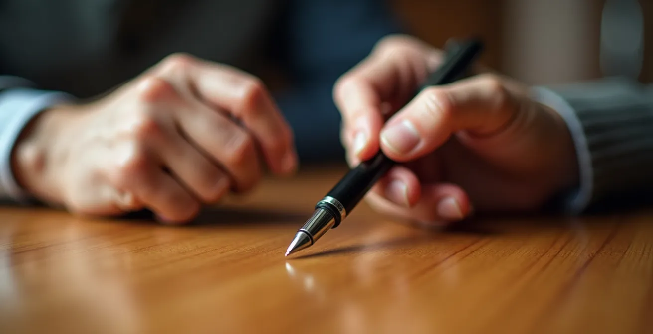 Deux mains posées sur une table en bois près d'un stylo