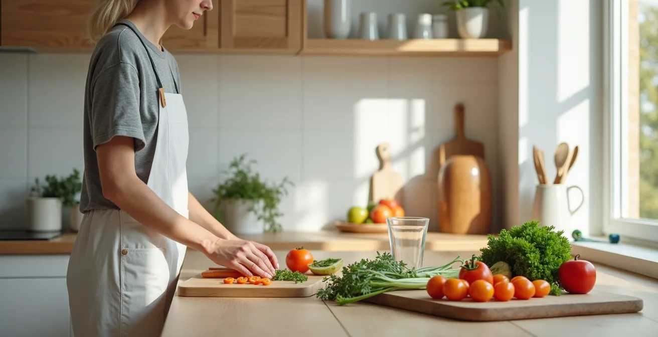 Vue d'une cuisine moderne avec deux personnes préparant un repas ensemble