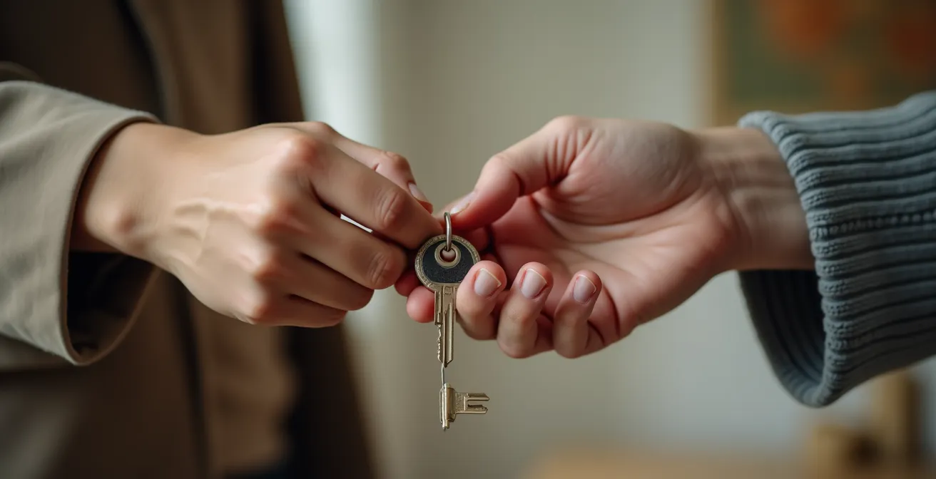 Échange de clés entre deux mains sur fond neutre