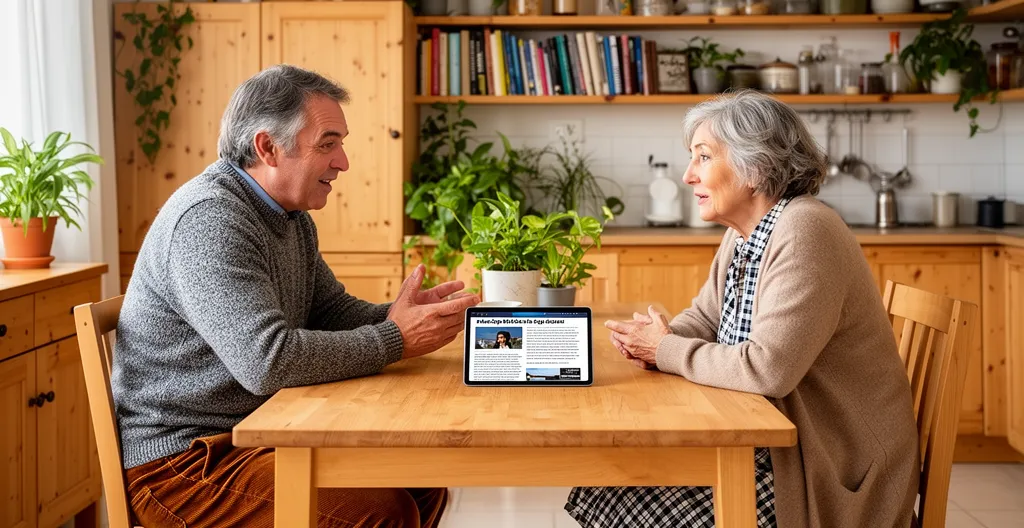 Couple discutant de leur future retraite autour d'une tablette