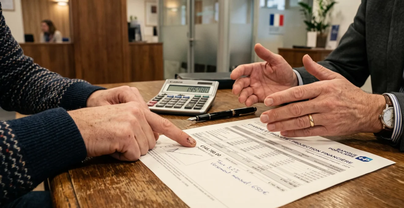 Un conseiller et un client examinent ensemble une projection d'épargne avec une calculatrice.